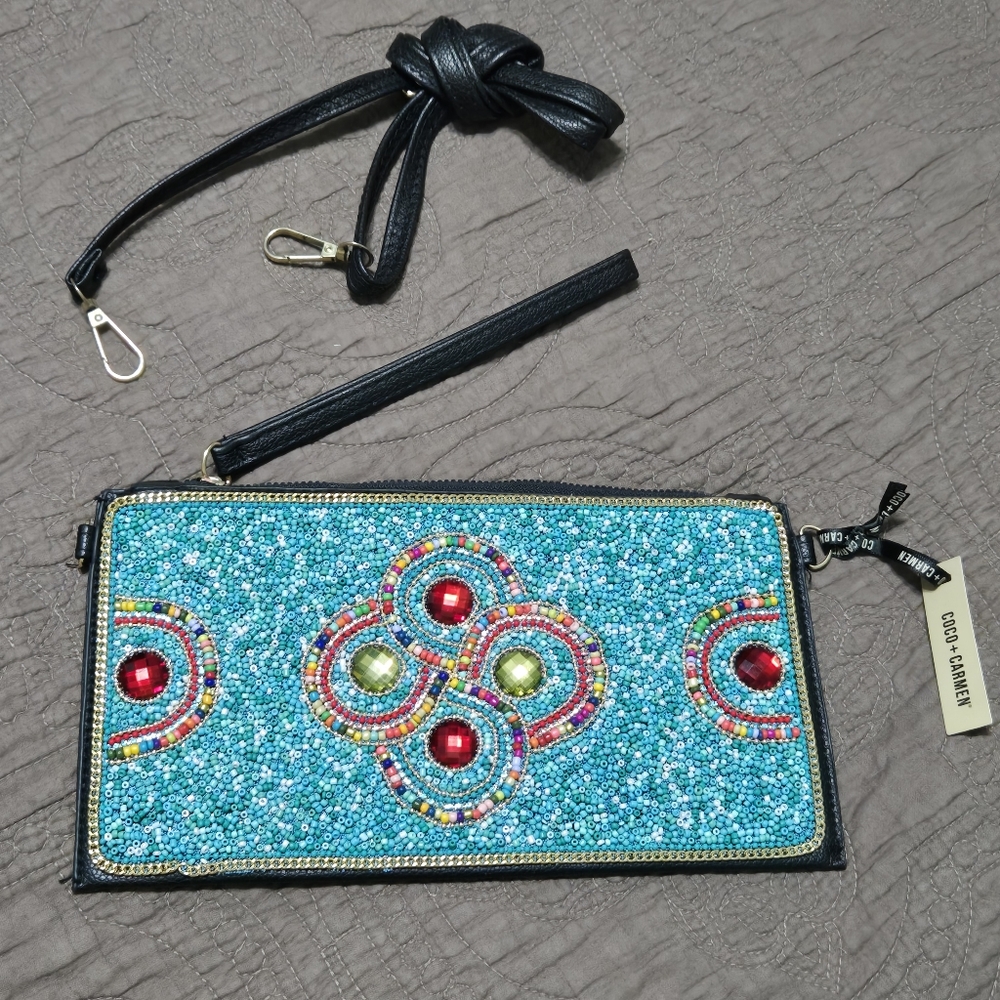 Beaded Crossbody Purse East West removable strap, beading, rhinestone bling